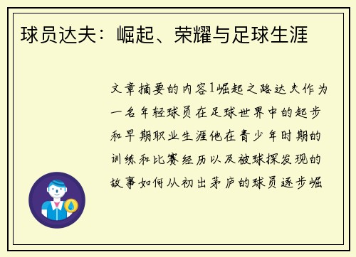 球员达夫：崛起、荣耀与足球生涯