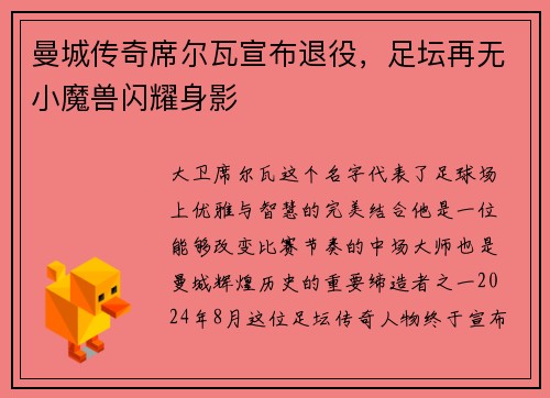 曼城传奇席尔瓦宣布退役，足坛再无小魔兽闪耀身影